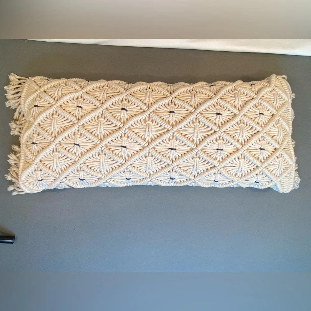 Macrame Lumbar Pillow, 27”‎ x 12”, natural color with blue detail